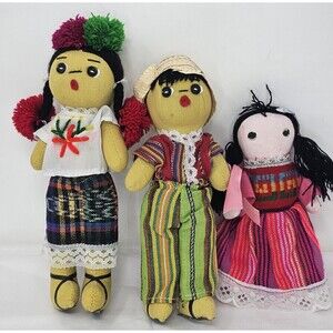 Vintage Lot Of 3 Handmade Guatamelan Worry Dolls 7"-10" Folk art